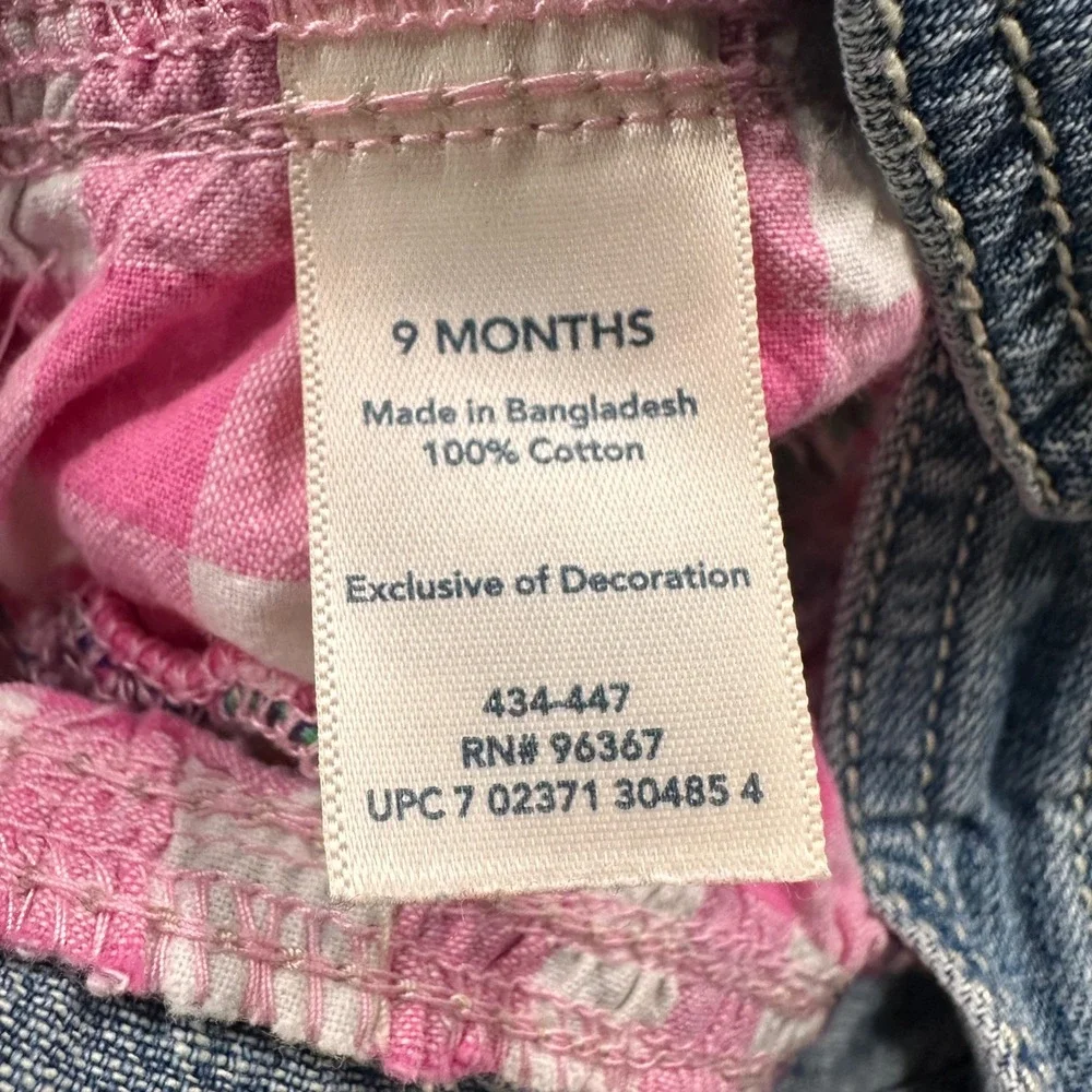 Vtg OshKosh B'gosh Overall Dress Baby Girl 9M Ruffle Floral Plaid Denim Blue Y2K